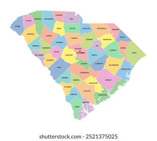 Carolina do Sul, estado dos EUA, subdividida em 46 condados, mapa político multicolorido com a capital Columbia, fronteiras e nomes de condados. Estado na região sudeste dos Estados Unidos. Estado de Palmetto