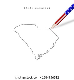 South Carolina US state vector map pencil sketch. South Carolina outline contour map with 3D pencil in american flag colors. Freehand drawing vector, hand drawn sketch isolated on white.