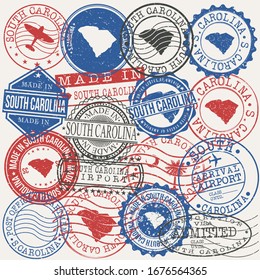 South Carolina, USA Set of Stamps. Travel Passport Stamps. Made In Product. Design Seals in Old Style Insignia. Icon Clip Art Vector Collection.