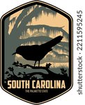 South Carolina vector label with Carolina Wren and Middleton Place