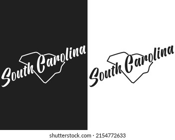 South Carolina vector logo poster. Illustration of the USA emblema. The US state contour on the black and white background. Lettering and outline of the territory of the United States of America