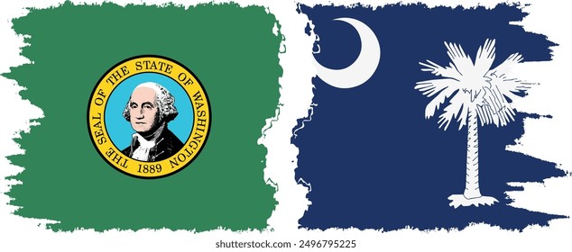 South Carolina and Washington states grunge brush flags connection, vector