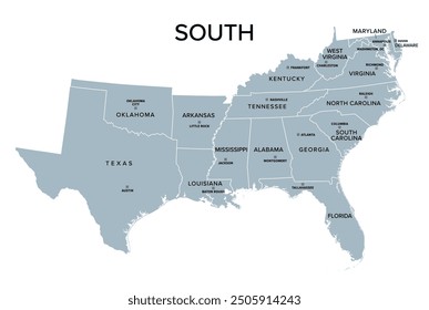 South, census region of the United States of America, gray political map of census region 3, consisting of 13 single states and the District of Columbia. Map with geographical borders and capitals.