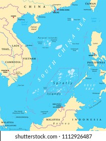 South China Sea Islands, political map. Islands, atolls, cays, shoals, reefs and sandbars. Partially claimed by China and other neighboring states. Paracel and Spratly Islands. Illustration. Vector.