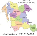 South Chungcheong Province administrative map with cities and counties. Clored. Vectored. Yellow, green, blue, pink, violet, orange
