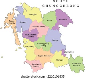 South Chungcheong Province administrative map with cities and counties. Clored. Vectored. Yellow, green, blue, pink, violet, orange