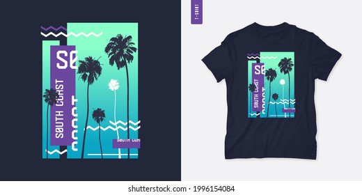 South coast graphic t-shirt design with palm trees, vector illustration.