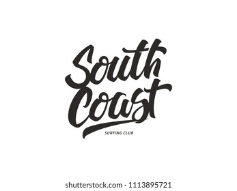 South coast surfing club is a black on white hand drawn costum script vector design