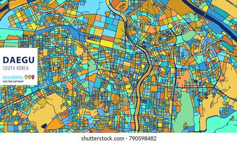 Daegu,Â Korea, South, Colorful Vector Artmap. Blue-Orange-Yellow Version for Website Infographic, Wall Art and Greeting Card Backgrounds.