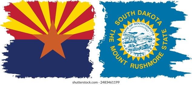 South Dakota and Arizona states grunge brush flags connection, vector
