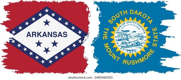 South Dakota and Arkansas states grunge brush flags connection, vector