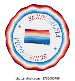 South Dakota badge. Map of the US state with beautiful geometric waves and vibrant red and blue frame. Vivid round South Dakota logo. Vector illustration.