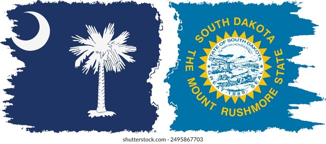 South Dakota and South Carolina states grunge brush flags connection, vector