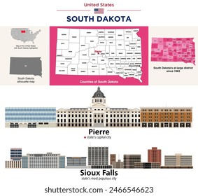 South Dakota counties map and congressional districts since 2023 map. Pierre (state's capital city) and Sioux Falls (state's most populous city) skylines. Vector set