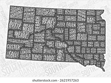 South Dakota counties map word cloud. South Dakota region names. Black and white map design. Stylish vector illustration.