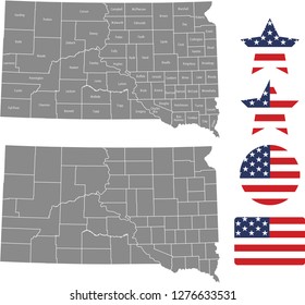 South Dakota county map vector outline in gray background. South Dakota state of USA map with counties names labeled and United States flag icon vector illustration designs