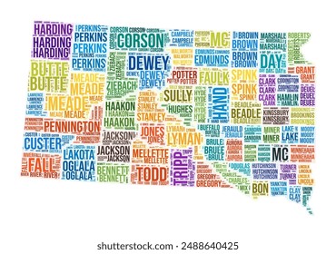 South Dakota county word cloud. State shape design. South Dakota colored illustration. County names collage cloud. Vector illustration.