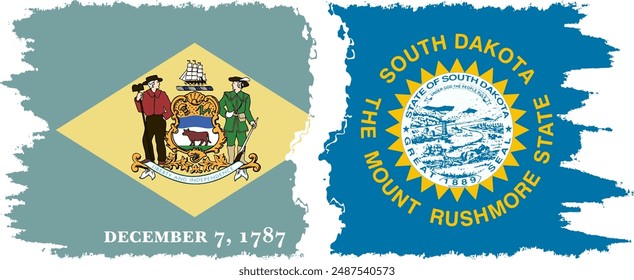 South Dakota and Delaware states grunge brush flags connection, vector