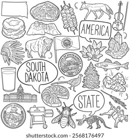 South Dakota Doodle Icons Black and White Line Art. USA State Clipart Hand Drawn Symbol Design.