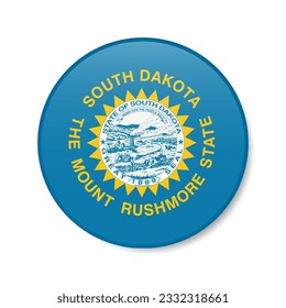 South Dakota flag circle button icon, US state round badge with shadow. 3D realistic vector illustration isolated on white.