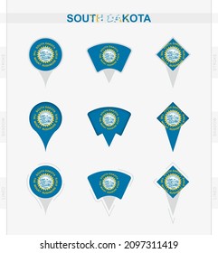 South Dakota flag, set of location pin icons of South Dakota flag. Vector illustration of national symbols.