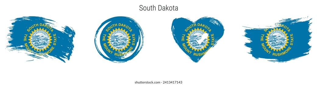 South Dakota hand drawn grunge style flag icon set. US state banner in official colors. Free brush stroke shape, circle and heart-shaped. Flat vector illustration isolated on white.