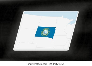 South Dakota Highlighted in Flag Colors on Geographic Map. Modern Map on a dark abstract backdrop.