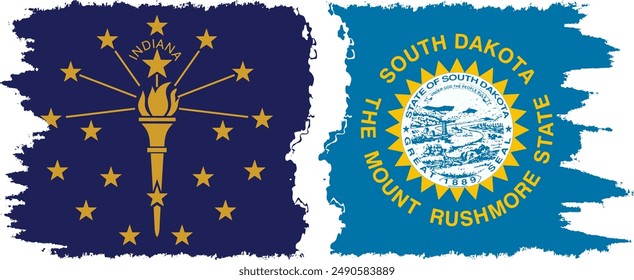 South Dakota and Indiana states grunge brush flags connection, vector