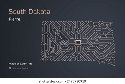 South Dakota Map with a capital of Pierre Shown in a Microchip Pattern. E-government. United States vector maps. Microchip Series	
