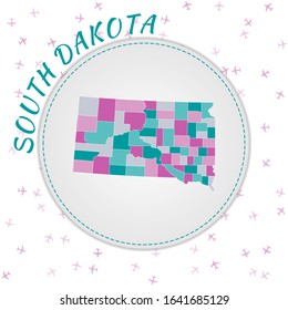 South Dakota map design. Map of the US state with regions in emerald-amethyst color palette. Rounded travel to South Dakota poster with US state name and airplanes background.
