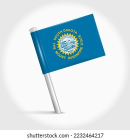 South Dakota map pin flag icon. Pennant map marker on a metal needle. 3D realistic vector illustration.