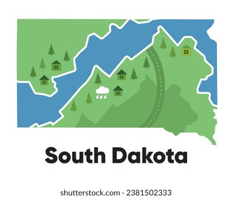South Dakota Karte bildet die Vereinigten Staaten Amerika grüner Wald handgezeichnet Cartoon-Stil mit Bäumen Reisfeld 