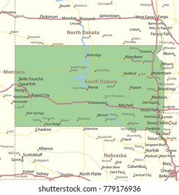 South Dakota map. Shows state borders, urban areas, place names, roads and highways.Projection: Mercator.