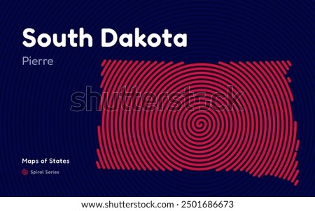South Dakota Map in Spiral Formation: Pierre Takes Center Stage. Fingerprint and stripes pattern. American states maps