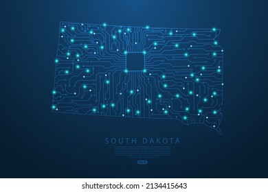 South Dakota Map - United States of America Map vector with Abstract futuristic circuit board. High-tech technology mash line and point scales on dark background - Vector illustration ep 10 