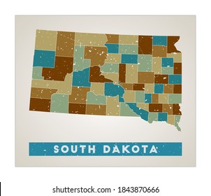 South Dakota map. US state poster with regions. Old grunge texture. Shape of South Dakota with US state name. Neat vector illustration.