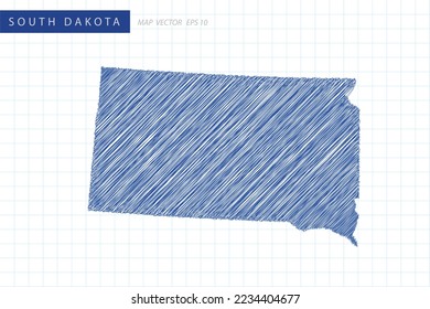 South Dakota Map - USA, United States of America Map vector template with blue outline graphic and pen drawing sketch style isolated on white grid background for design - Vector illustration eps 10