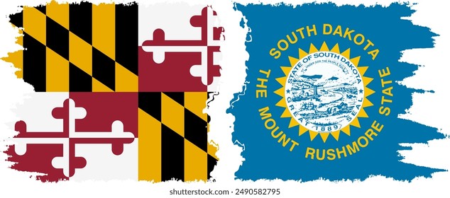 South Dakota and Maryland states grunge brush flags connection, vector