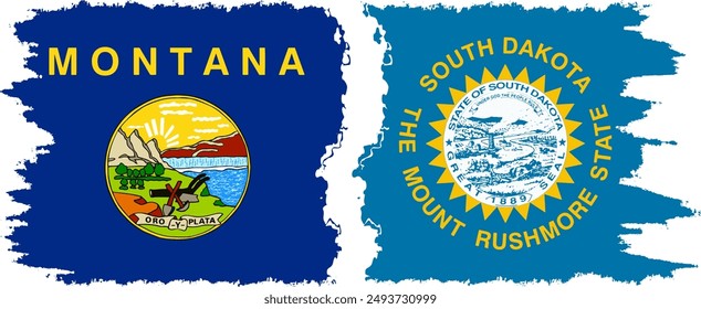 South Dakota and Montana states grunge brush flags connection, vector