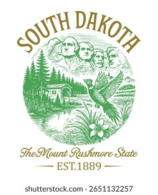 South Dakota The Mount Rushmore State - US State Vintage T-shirt Vector, USA States Cityscape Landmark Icons, American State Typography Shirt, USA Skyline Clipart, Retro travel city illustration
