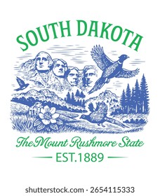 Dakota do Sul The Mount Rushmore State - Estados Unidos Cityscape T-shirt Vetor, Ícones de referência americana, Vintage Estados Cityscape Camisa, Retro Travel City Art, Estados Citações de referência, Estado de férias Art