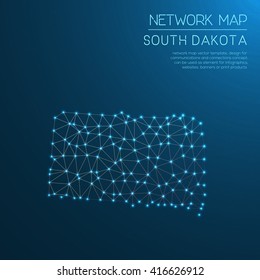 South Dakota network map. Abstract polygonal South Dakota network map design with glowing dots and lines. Map of South Dakota networks. Vector illustration.