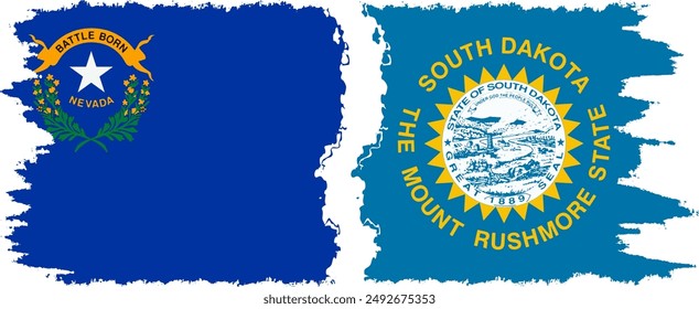 South Dakota and Nevada states grunge brush flags connection, vector