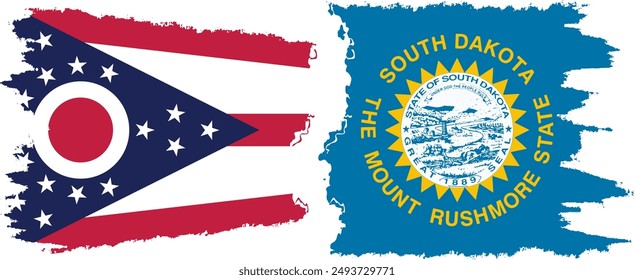 South Dakota and Ohio states grunge brush flags connection, vector