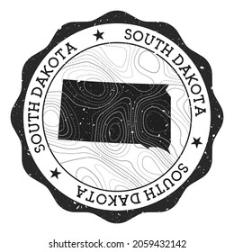 South Dakota outdoor stamp. Round sticker with a map of the US state with topographic isolines. Vector illustration. Can be used as an insignia, logotype, label, sticker, or badge of South Dakota.