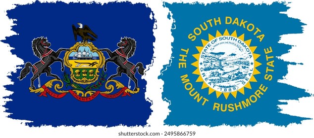 South Dakota and Pennsylvania states grunge brush flags connection, vector