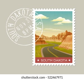 South Dakota, postage stamp design. 
Vector illustration of scenic Badlands. Grunge postmark on separate layer