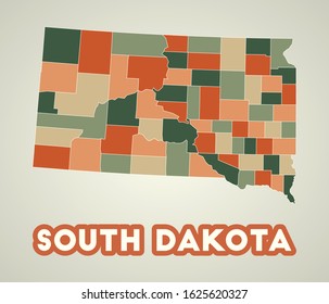 South Dakota poster in retro style. Map of the us state with regions in autumn color palette. Shape of South Dakota with us state name. Authentic vector illustration.