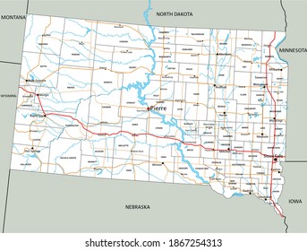 South Dakota Road And Highway Map. Vector Illustration.