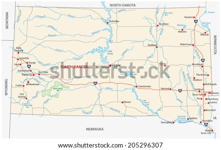 South Dakota Road Map Stock Vector (Royalty Free) 205296307 - Shutterstock